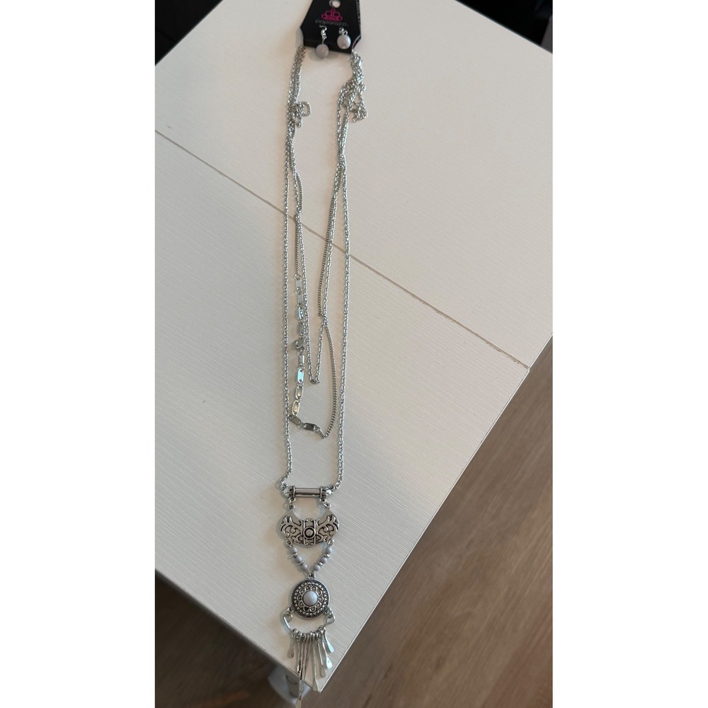 Paparazzi Silver Boho Multi Strand Long Necklace & Gray Bead Earrings Set